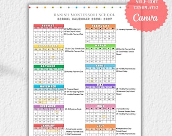 School Calendar 2026- 2027 perfect for Preschool, Daycare or childcare center EDITABLE!