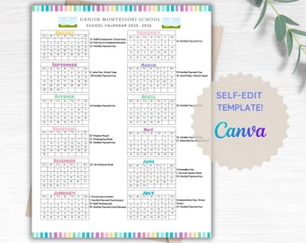School Calendar 2025- 2026 perfect for Preschool, Daycare or childcare center EDITABLE!