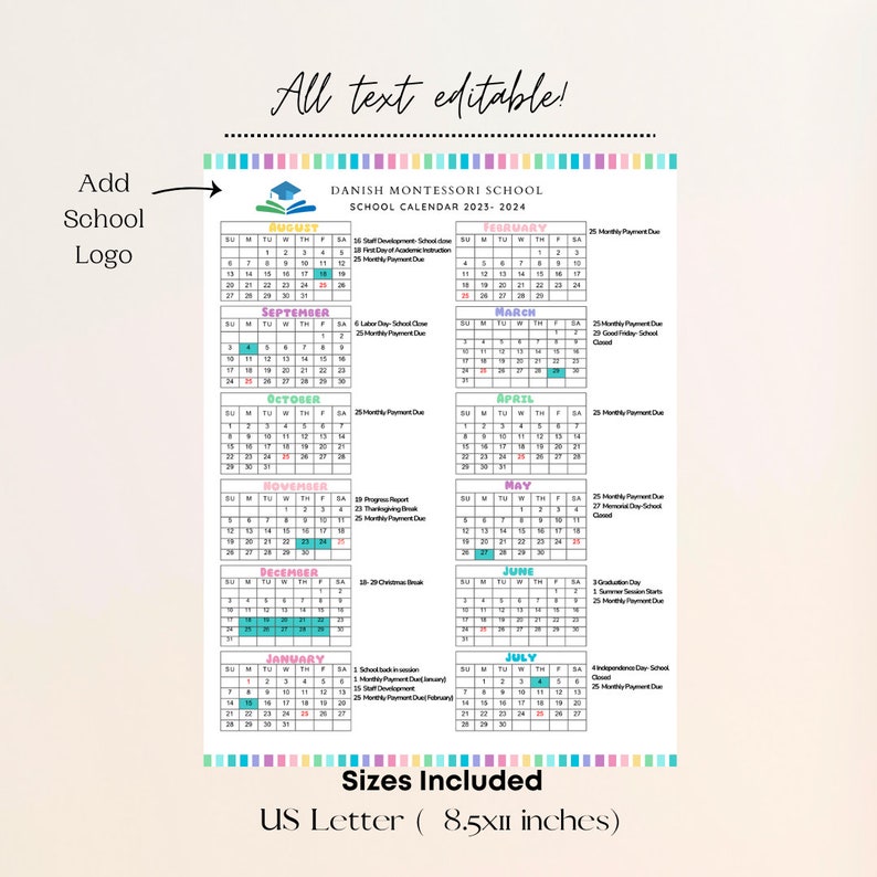 School Calendar 2023 2024 Perfect for Preschool, Daycare or Childcare