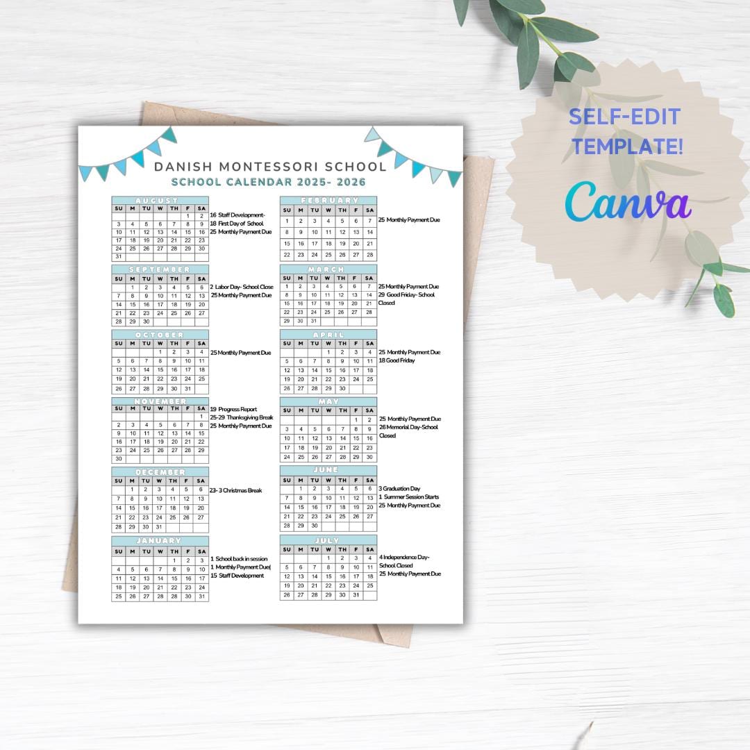 School Calendar 2025 2026 Perfect for Preschool, Daycare or Childcare
