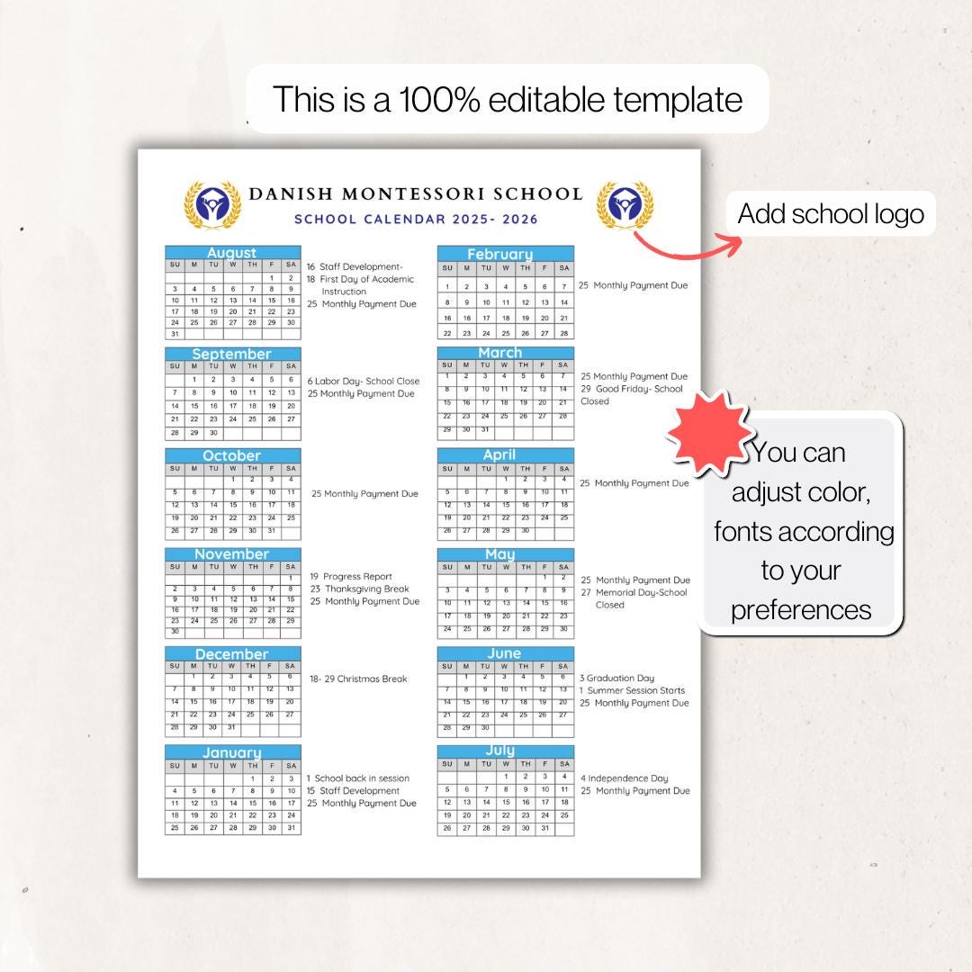 School Calendar 2025 2026 Perfect for Preschool, Daycare or Childcare