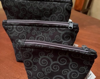 Black & Grey Swirl fabric zipper pouch cosmetic bag with a water repellent lining. Washable Fabric Cosmetic Bag. Handmade in Colorado USA