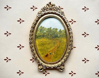 Bunny and a Hummingbird, Miniature Oil Landscape Painting in Vintage Frame (3x4x0.5)