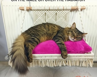 Macrame Cat Bed DUAL USE Wall Mounted & Radiator Heater Hammock Cozy Elevated Cat Perch Gift for Cat Lover