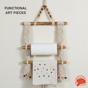 Handmade Macrame Towel Holder, Gold Wall Organizer | Handpainted Wooden Rods | Multipurpose Kitchen, Bathroom, Jewelry Organizer | Home Gift