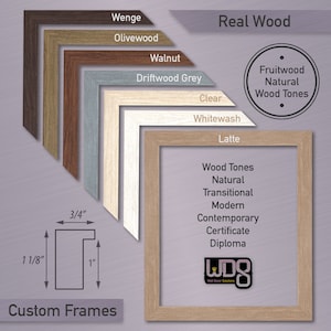May include: A selection of custom picture frames in various wood tones and sizes. The frames are made of real wood and are available in a variety of widths, including 3/4 inch, 1 1/8 inch, and 1 inch. The frames are shown against a light purple background.