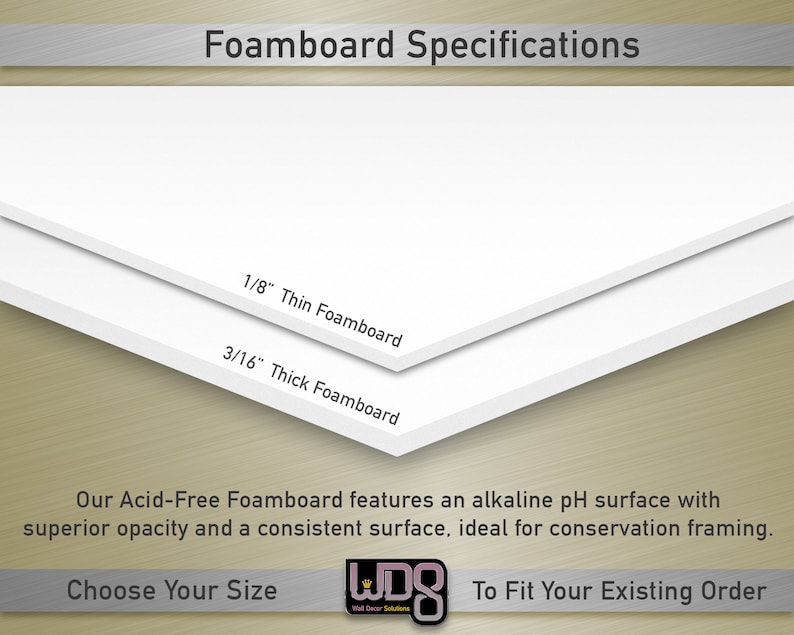 May include: Two white foamboard sheets, one 1/8 inch thick and one 3/16 inch thick. The text "Foamboard Specifications" is at the top of the image. The text "Our Acid-Free Foamboard features an alkaline pH surface with superior opacity and a consistent surface, ideal for conservation framing." is below the foamboard sheets. The text "Choose Your Size" is below the text about the foamboard. The text "To Fit Your Existing Order" is to the right of the text "Choose Your Size".