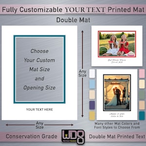 May include: A customizable double mat with space for a photo and text. The image shows examples of photos with red and black borders. Text on the mat includes "Choose Your Custom Mat Size and Opening Size" and "YOUR TEXT HERE."