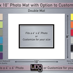 May include: A double photo mat with a white core and black border. The mat is 8 inches by 10 inches and fits a 4 inch by 6 inch photo. The mat is available in a variety of colors. "Fits a 4" x 6" Photo or Customize for your size" is written on the mat.