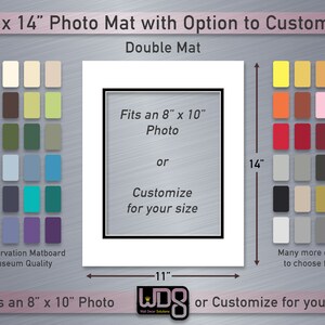 May include: A double photo mat with a white core and black border, measuring 11 inches by 14 inches. It fits an 8 inch by 10 inch photo or can be customized for a different size. The mat is available in a variety of colors. "Fits an 8" x 10" Photo or Customize for your size" is written at the bottom of the image.