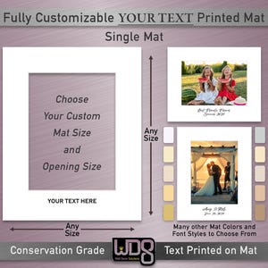 May include: A white mat with a customizable opening for a photo or artwork. The mat is conservation grade and can be printed with your own text. The image shows examples of text printed on the mat, including "Our Family Fun Summer 2021" and "Amy & Rob June 20, 2021".