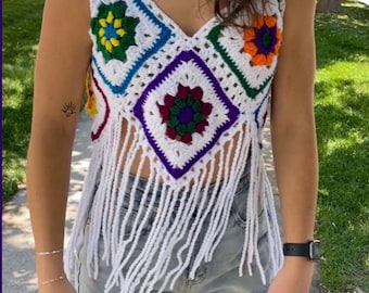 Crochet Granny Square Festival Top Pattern: Boho Fringe Tank (PDF Download)