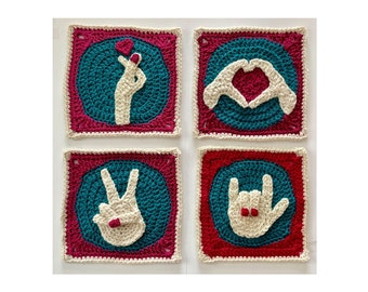 BUNDLE Peace and Love Hand Sign Granny Squares -  FOUR Crochet Patterns, Peace Sign, I love you ASL,  Heart Hands, Korean Finger Heart