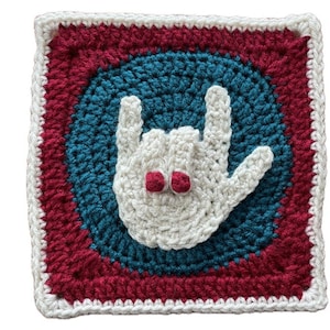 Patrón de crochet cuadrado de abuela con la frase &quot;Te amo&quot; en lenguaje de señas americano, ASL (lenguaje de señas americano) Te amo, descarga en PDF