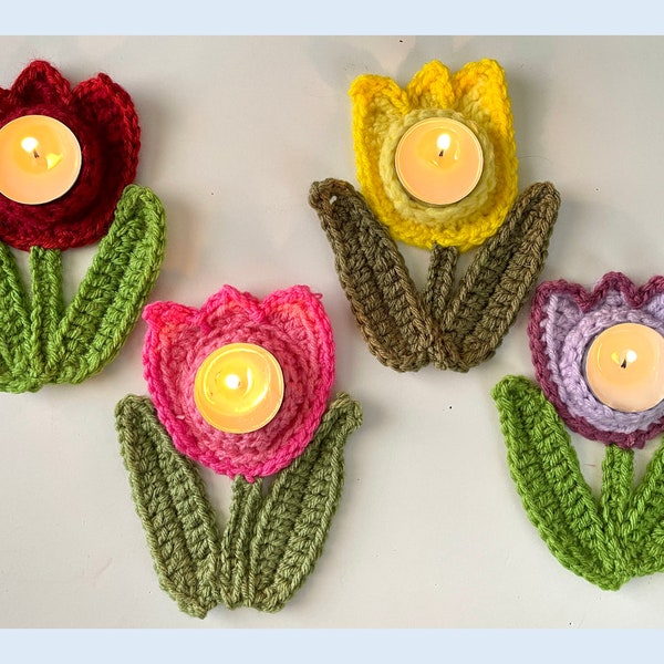 Tulip Tealight Holder Crochet Pattern, Tulip applique, Spring decor, Easter crochet, beginner crochet, candle crochet, PDF