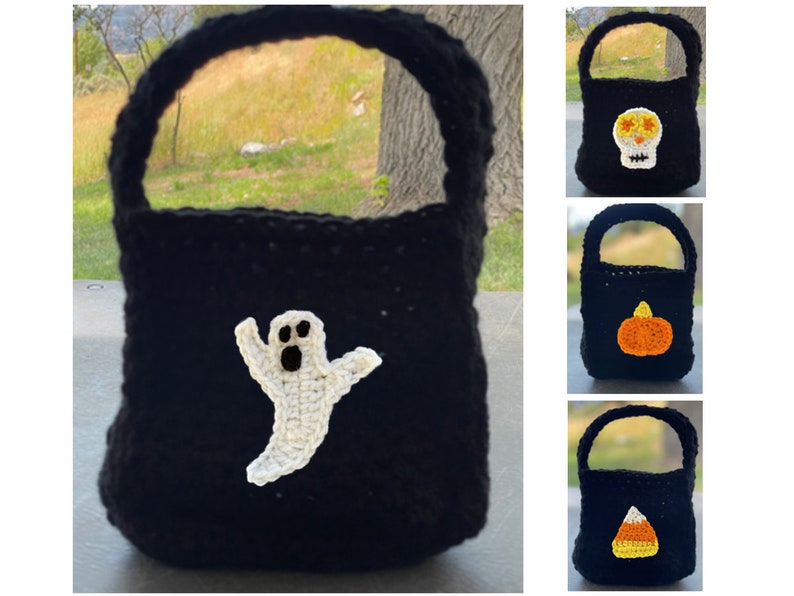 Halloween Appliqué Treat Bags crochet pattern listing photo by SnowShineCreative