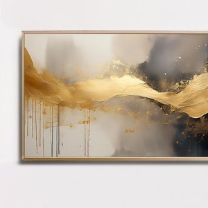 Puede incluir: Pintura abstracta con un esquema de color dorado y marrón. La pintura presenta una gran forma dorada fluida que parece ser una ola o una cordillera. El fondo es una mezcla de marrón y gris, con toques de negro.