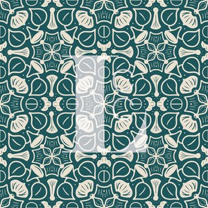 May include: A teal blue background with a white repeating pattern of stylized leaves and flowers. The pattern is symmetrical and creates a geometric design.