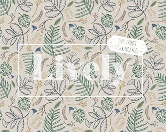 May include: A seamless pattern featuring a variety of green and blue leaves and branches on a beige background. The pattern is perfect for use in digital and printed projects.