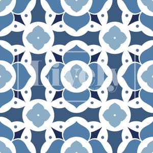 Pode incluir: Um padrão sem costura com um design repetitivo de formas geométricas azuis e brancas. O padrão apresenta uma série de círculos e estrelas entrelaçados, criando um design simétrico e intrincado.