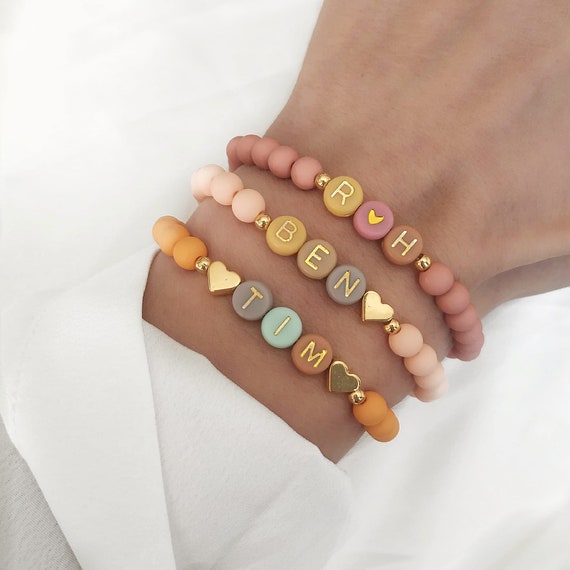 Bracelet letter name initial letter beads gold heart customizable
