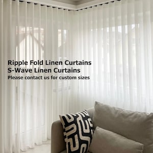 May include: White sheer linen curtains with a ripple fold design, hanging in a corner of a room with a couch and pillows. The text "Ripple Fold Linen Curtains S-Wave Linen Curtains Please contact us for custom sizes" is visible in the image.