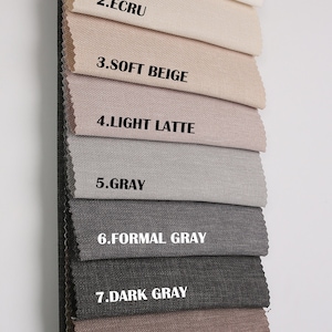 May include: Fabric swatches in eight different colors, labeled with numbers and names: 1. White, 2. Ecru, 3. Soft Beige, 4. Light Latte, 5. Gray, 6. Formal Gray, 7. Dark Gray, 8. Latte.