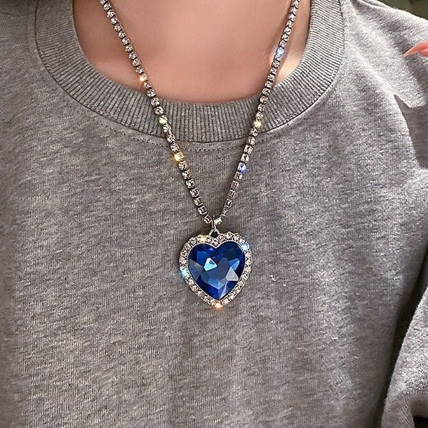 Ocean Blue Heart Necklace Sparkling Rhinestone Pendant High