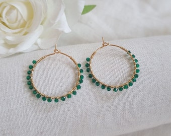 Stainless steel hoop earrings with green beads / gift idea / gold / gift for her