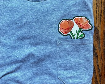 Hand Embroidered Painted Patch Pocket Tee / California Poppies / Richer Poorer Short Sleeve T-Shirt / Peekaboo Pocket Shirt