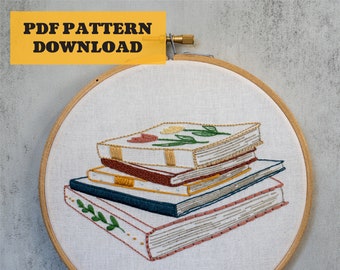 Stack of books, Modern Embroidery Pattern for Beginners - PDF Printable Download