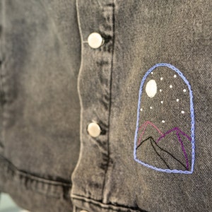 Mountain Landscape Denim Jacket. Black Jean Jacket. Black Denim Coat. Hand Embroidered Mountains and Constellation.