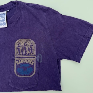 Sardine Tin Pocket Tees | Multiple color options | Linocut Hand-Printed Graphic Tees | Upcycled Thrifted T-Shirts