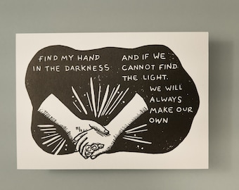 Original Linocut Print -- Poetry Folk Art Holding Hands (5x7")