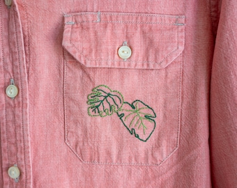 Monstera Leaf Embroidered Shirt. Salmon Button-Down Shirt. Hand Embroidered Monstera Leaves.