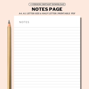 Notes Page Printable, Lined Notes Template, Note Taking, Writing Paper, Notes Planner Insert, A4/A5/Letter/Half Size, Instant Download PDF