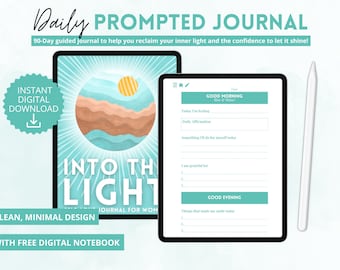 May include: A digital journal with a turquoise and white cover featuring the text "Into the Light" and a sun setting over a turquoise ocean. The journal is designed to help you reclaim your inner light and confidence. It includes prompts for daily affirmations, gratitude, and things that made you smile. The journal is available for instant digital download.