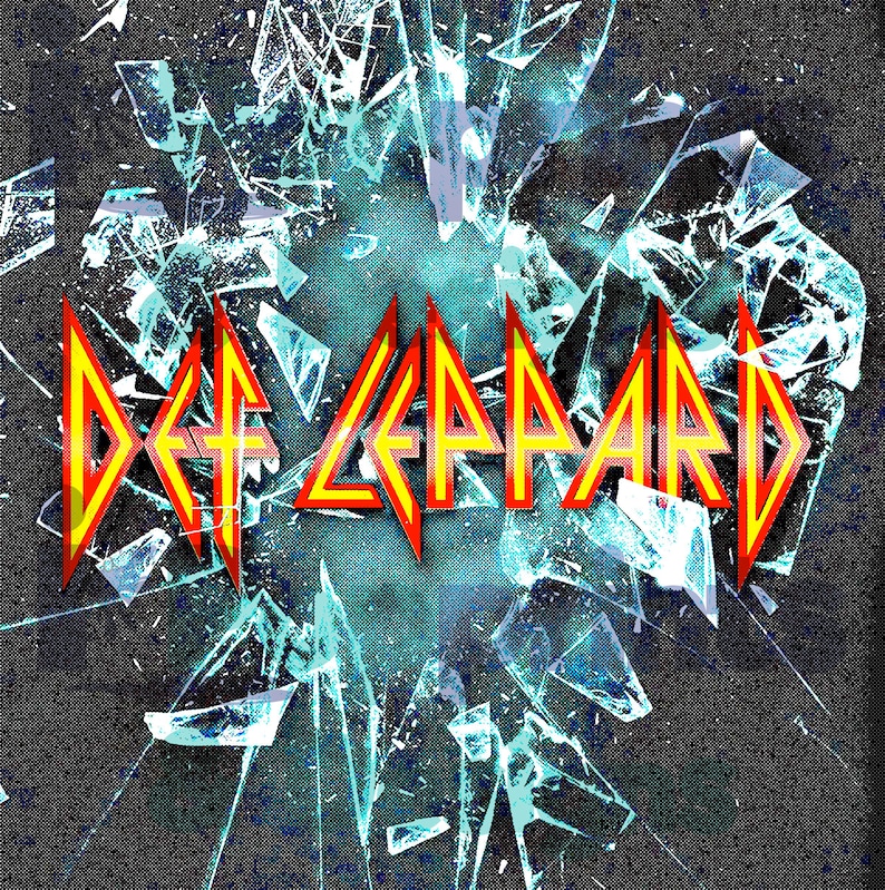 May include: A graphic design featuring the band name "Def Leppard" in yellow and red letters with a jagged, broken glass effect in blue and white.
