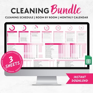 Op de afbeelding: Een digitale download van een roze en witte printbare schoonmaakplanningbundel. De bundel bevat een schoonmaakschema, een kamer-voor-kamer schoonmaakchecklist en een maandelijkse kalender. De tekst "CLEANING Bundle" staat bovenaan de afbeelding. De tekst "CLEANING SCHEDULE | ROOM BY ROOM | MONTHLY CALENDAR" staat onder de titel. De tekst "3 SHEETS" staat in een roze cirkel in het midden van de afbeelding. De tekst "INSTANT DOWNLOAD" staat onderaan de afbeelding.