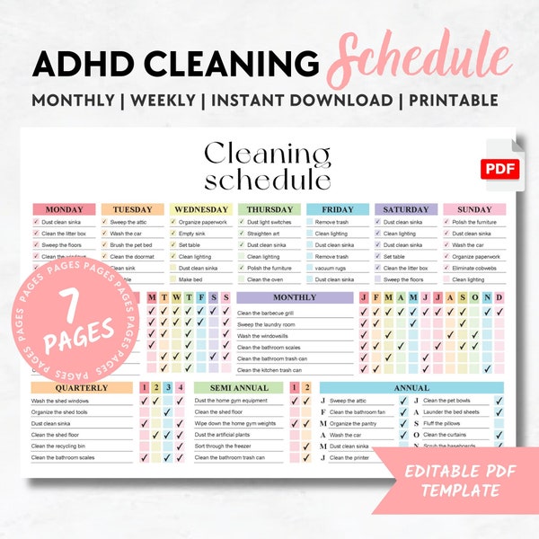 Cleaning Schedule, Printable ADHD planner, Cleaning checklist, Household planner , monthly annual weekly schedule