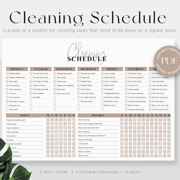 Cleaning schedule template, Editable cleaning products, cleaning checklist, weekly monthly annual, house chores, cleaning planner