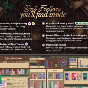 May include: A digital book tracker interface with the text "Best Features you'll find inside." Features include star and spice ratings, audiobook tracking, and upcoming releases. The interface displays book covers and charts.