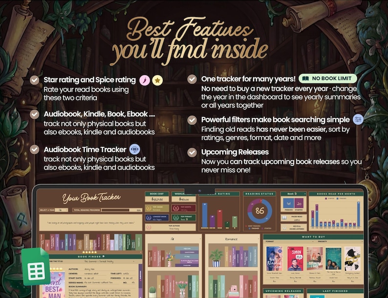 May include: A digital book tracker interface with the text "Best Features you'll find inside." Features include star and spice ratings, audiobook tracking, and upcoming releases. The interface displays book covers and charts.