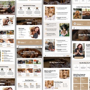 Puede incluir: Dise&ntilde;o de p&aacute;gina web en tonos crema y blanco, con cachorros de perro salchicha. El texto incluye "Your Perfect Puppy, Raised with Care" y "Available Puppies Ready to Join Your Family." El dise&ntilde;o promueve la adopci&oacute;n de cachorros.