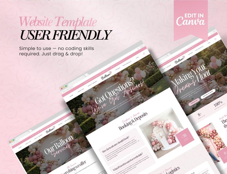 Balloon Artist Website Template, Editable Canva Website Template for balloon decor artist, landing page, balloon artist, image 2