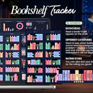 Peut inclure: Un suivi de biblioth&egrave;que num&eacute;rique affich&eacute; sur un &eacute;cran d'ordinateur portable, pr&eacute;sentant des dos de livres color&eacute;s, des statistiques de lecture et des graphiques. L'interface inclut des sections pour les livres lus, les cat&eacute;gories et les &eacute;toiles.
