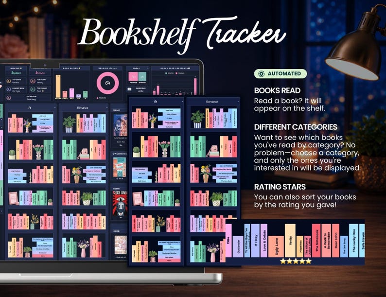 Peut inclure: Un suivi de biblioth&egrave;que num&eacute;rique affich&eacute; sur un &eacute;cran d'ordinateur portable, pr&eacute;sentant des dos de livres color&eacute;s, des statistiques de lecture et des graphiques. L'interface inclut des sections pour les livres lus, les cat&eacute;gories et les &eacute;toiles.