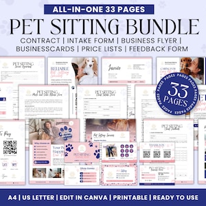 May include: A pink and blue printable pet sitting bundle with 33 pages. The bundle includes a contract, intake form, business flyer, business cards, price lists, and a feedback form. The image shows a variety of documents and forms with a pink and blue color scheme.