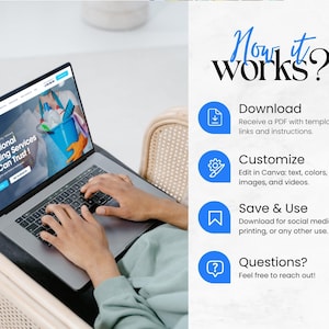 Op de afbeelding: Een laptop met een website voor professionele schoonmaakdiensten. Het scherm toont de tekst "Professionele schoonmaakdiensten die u kunt vertrouwen!" en "Hoe werkt het?" met instructies voor downloaden, aanpassen en opslaan.