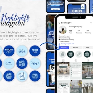 May include: A digital marketing image featuring a smartphone displaying an Instagram profile for a cleaning company. The profile showcases various highlights with icons and text, including "About Us," "Before & After," and "Price Lists." The image also includes text: "34 different highlights to make your profile look professional."